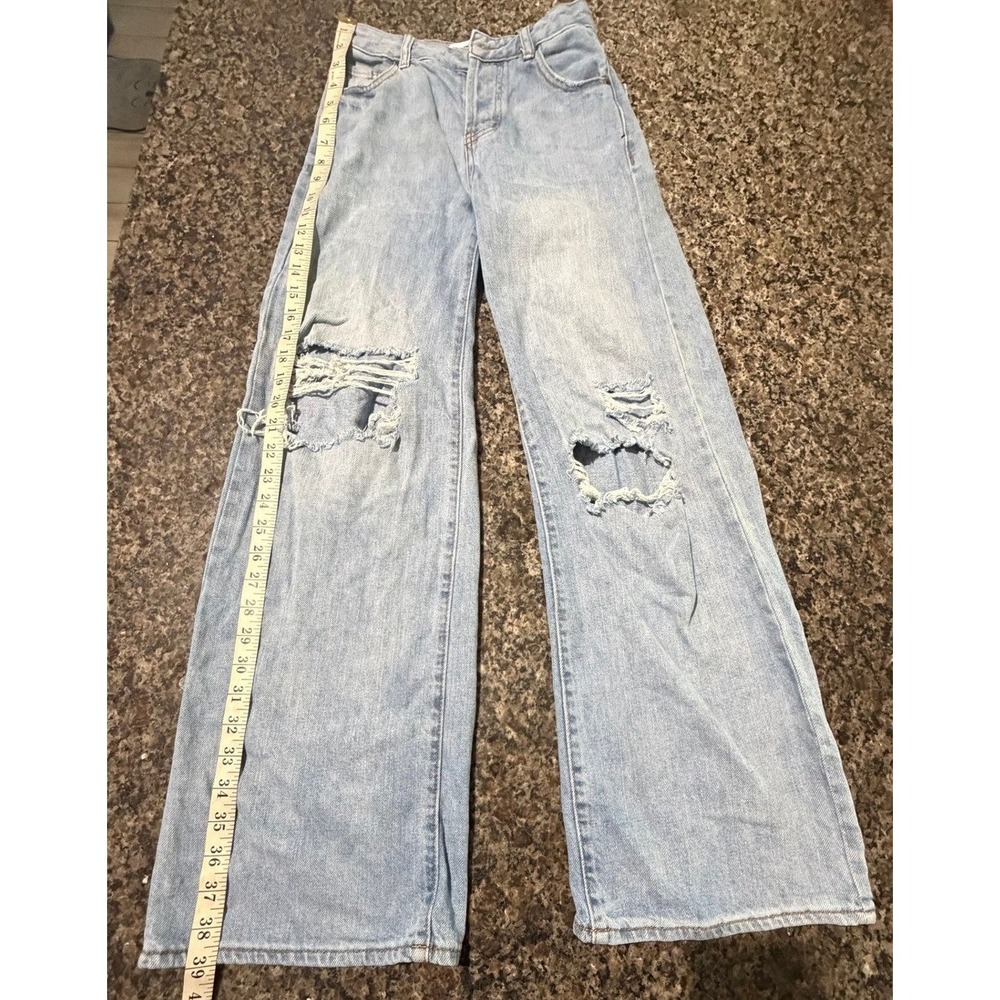 S.O.N.G. Women Light Wash Distressed Wide Leg High Rise Button Fly Jeans Size 00